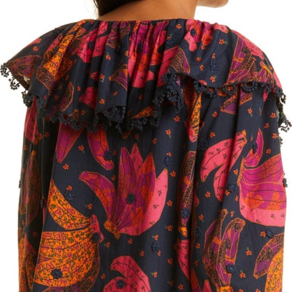 Farm Rio Patchwork Bananas Tie Front Embroidered Boho Navy Blouse Women size XS - Picture 3 of 12